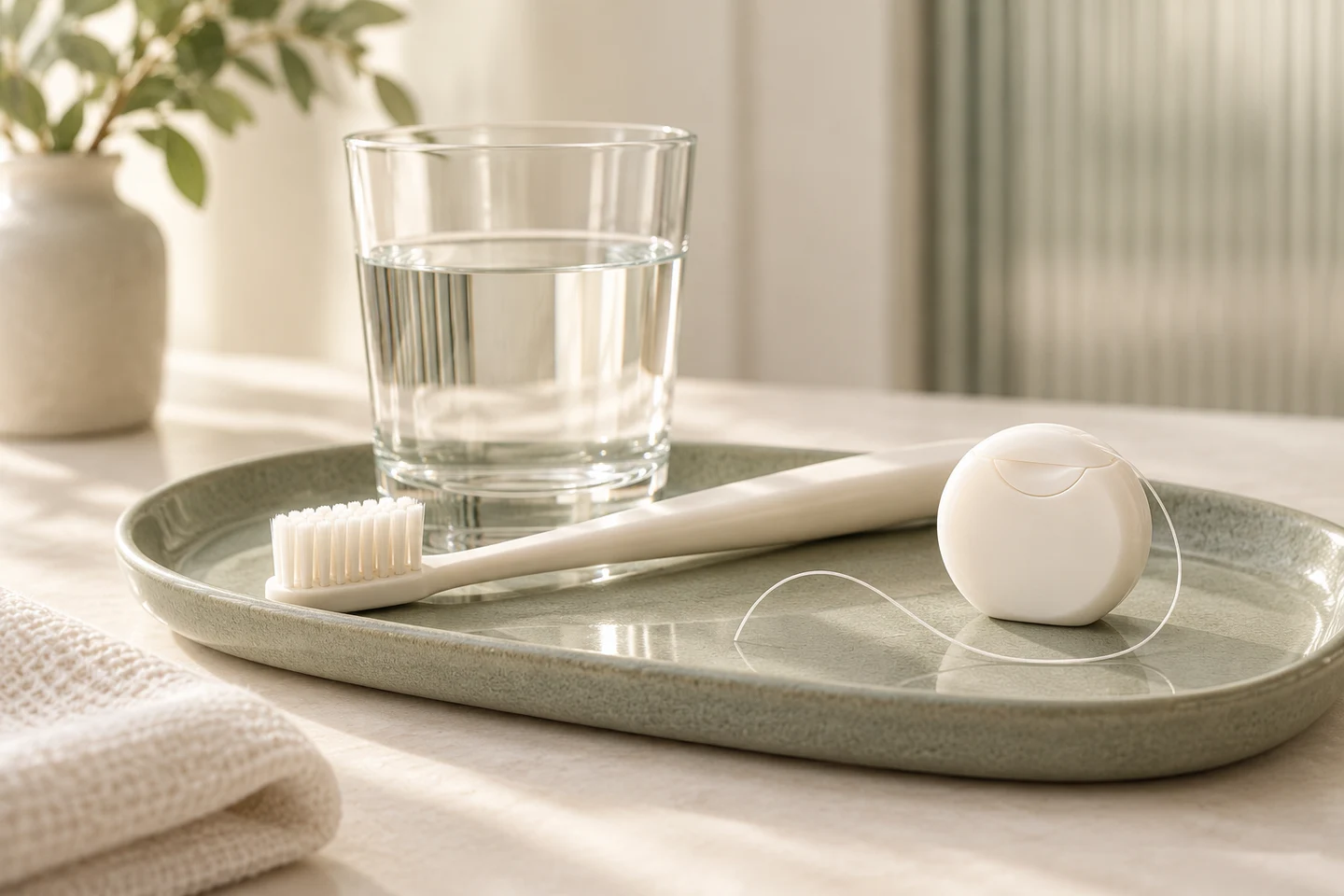 An ivory toothbrush and floss on a pale sage tray
