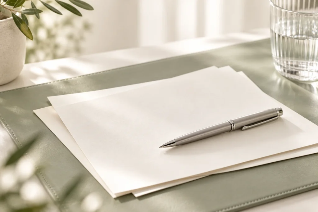 Ivory paper and a silver pen on a sage desk pad