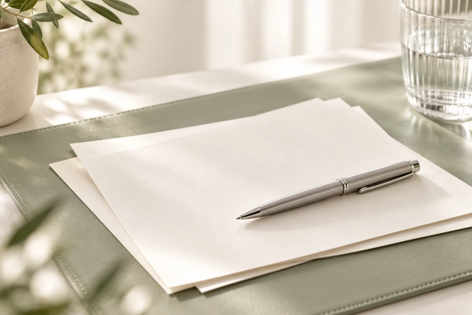 Ivory paper and a silver pen on a sage desk pad