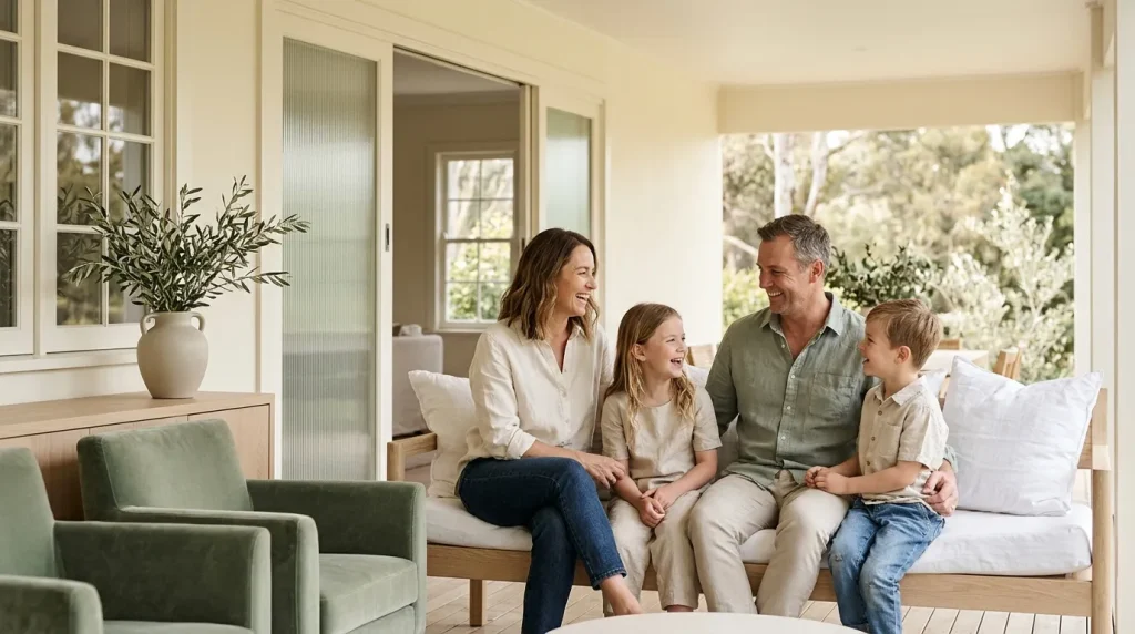 A family of four laughing together on a sunny porch