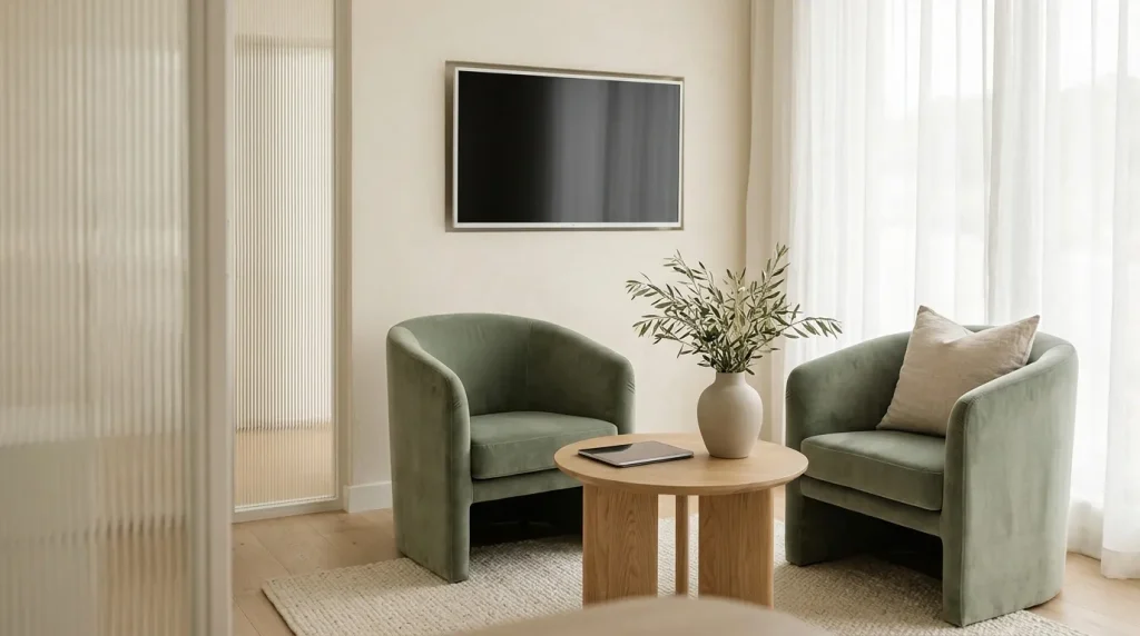 A quiet consultation room with two sage armchairs and a round oak table