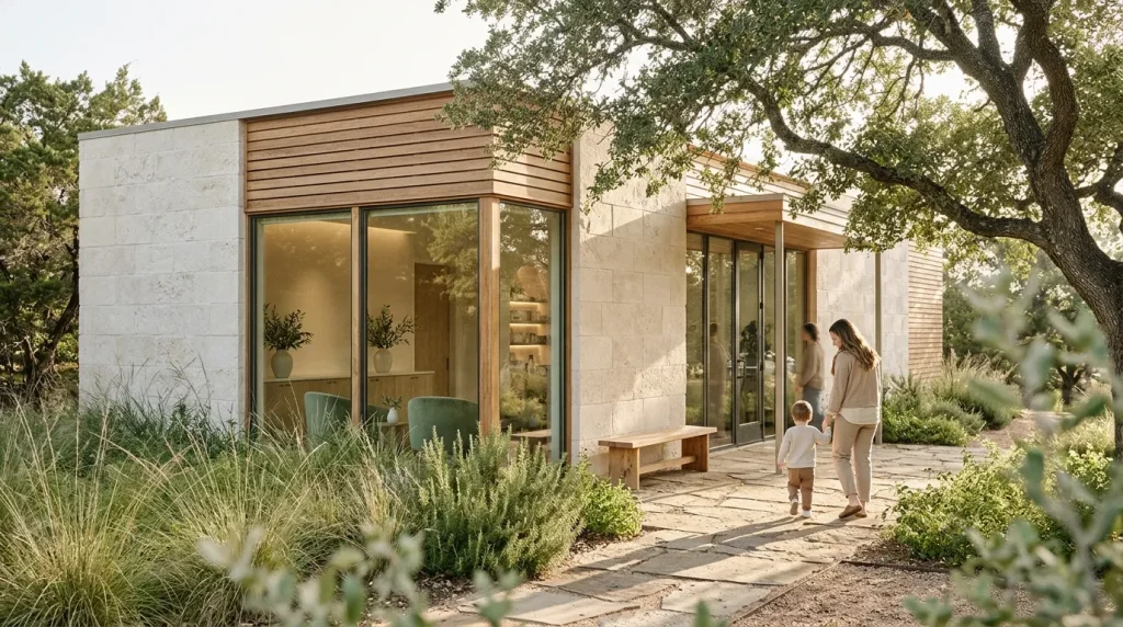 The practice building with limestone walls, cedar cladding and an old oak tree