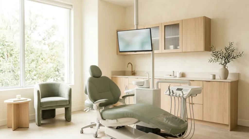 A bright treatment room with a sage dental chair and oak cabinetry