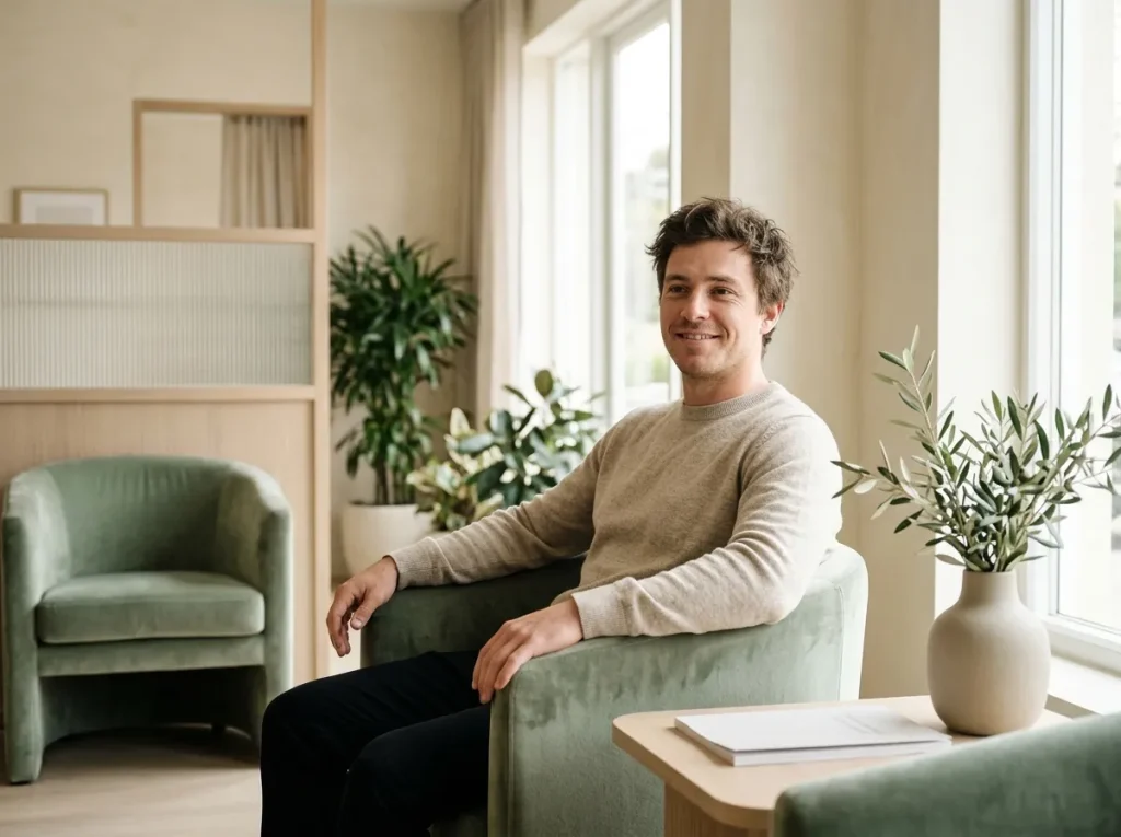 A relaxed young man with a natural smile in a sage armchair