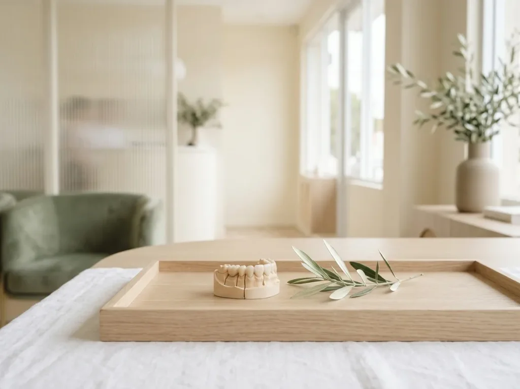 A dental bridge model on a pale oak tray with an olive sprig