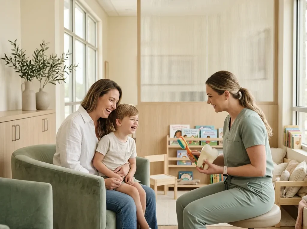 A child and parent laugh as a hygienist shows a model tooth