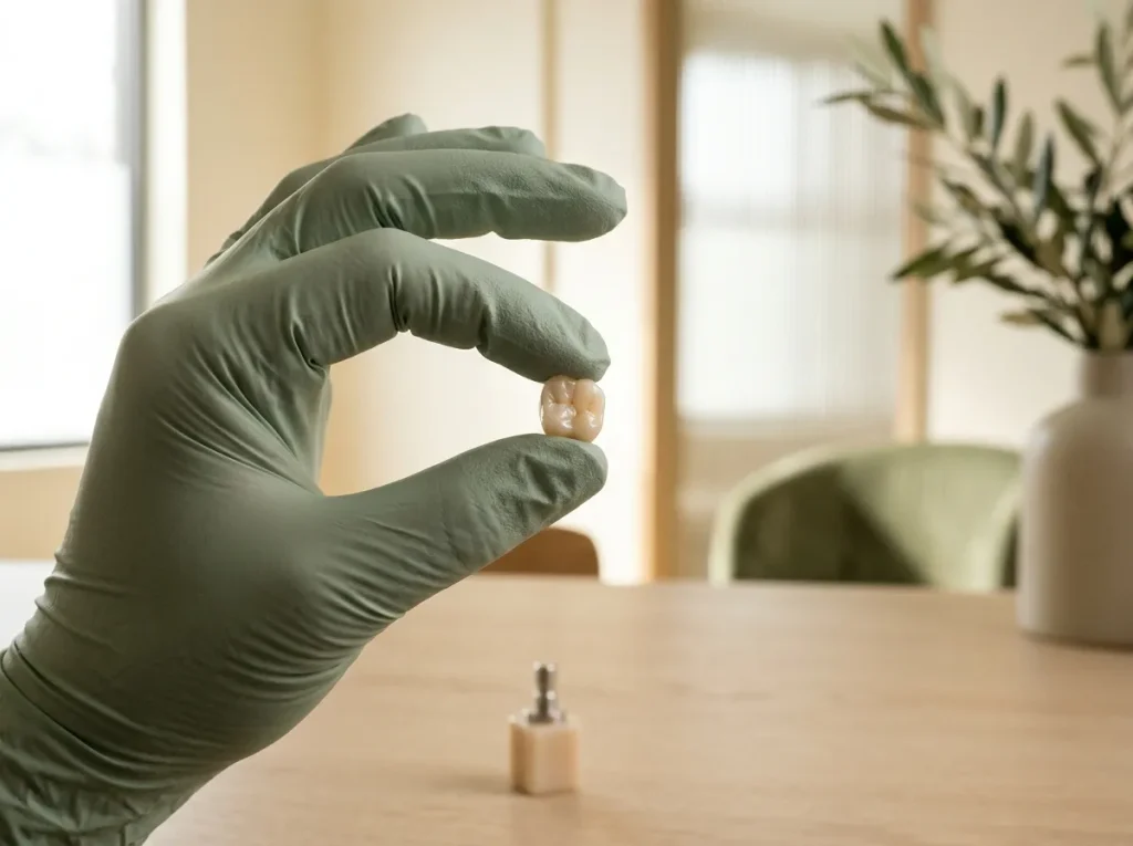 A ceramic crown held between gloved fingertips