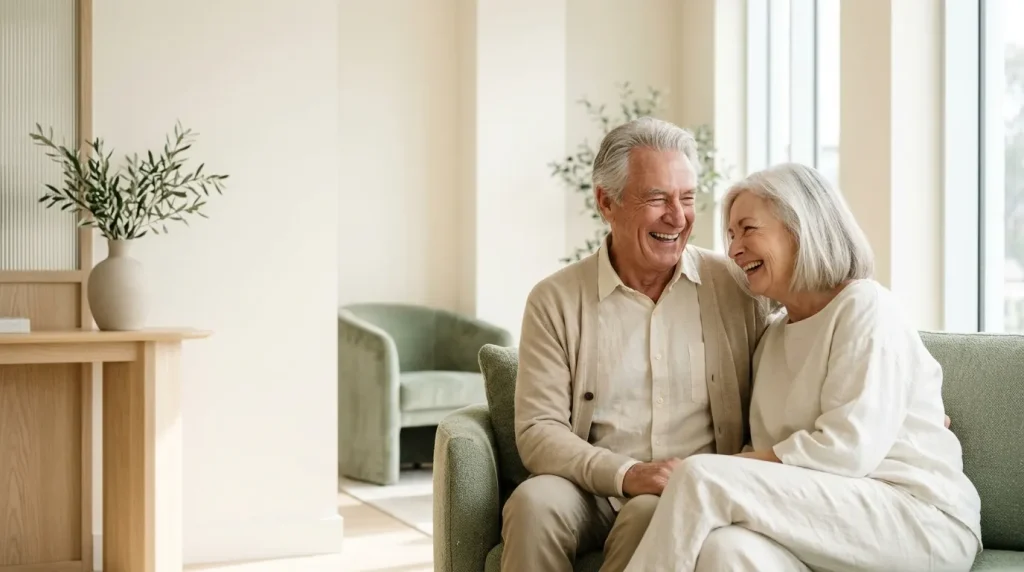 An older couple laughing together on a sage sofa