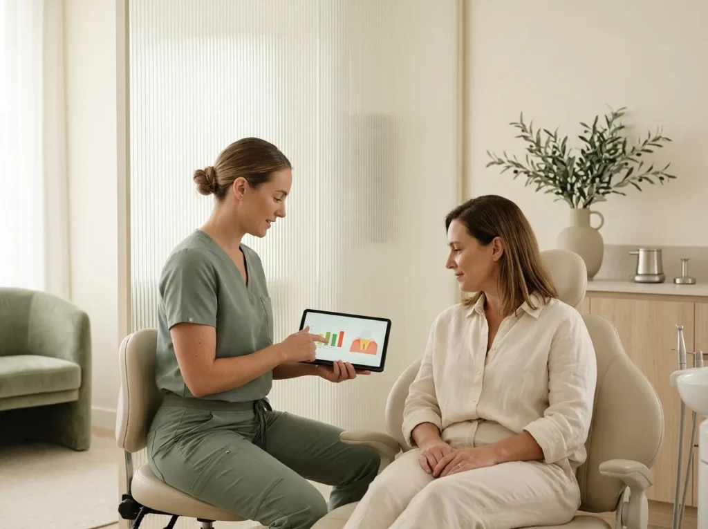 A hygienist shows a patient her gum health chart on a tablet