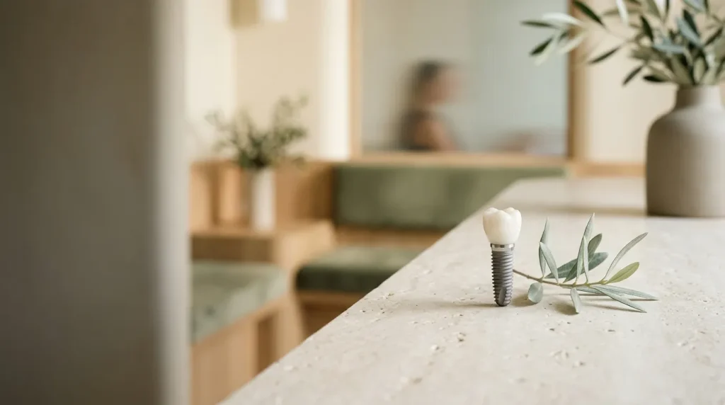 A model of a dental implant with a ceramic tooth beside an olive sprig
