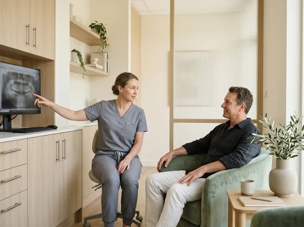 A dentist explains an X-ray to a relaxed patient