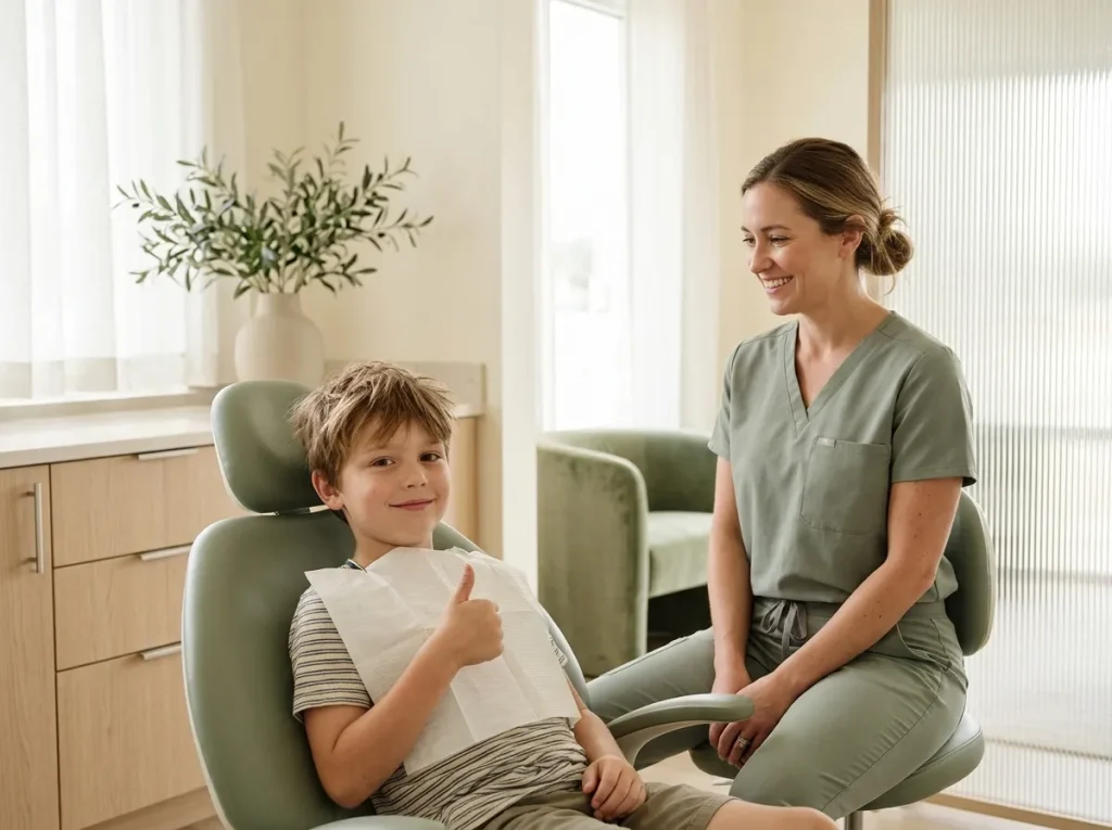 A smiling boy gives a thumbs-up from the dental chair
