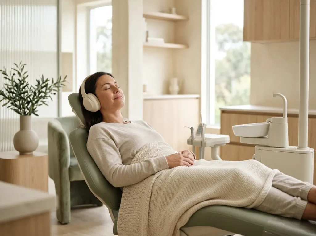 A patient rests in the treatment chair with headphones and a soft blanket