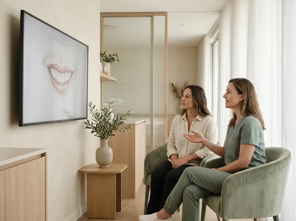 A clinician and a patient look at a smile design on a wall screen