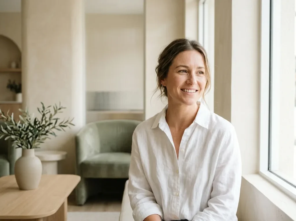 A smiling woman in a white linen shirt by a sunny window