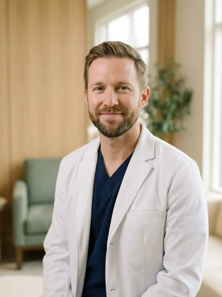 Dr. Daniel Brooks in a white coat, smiling