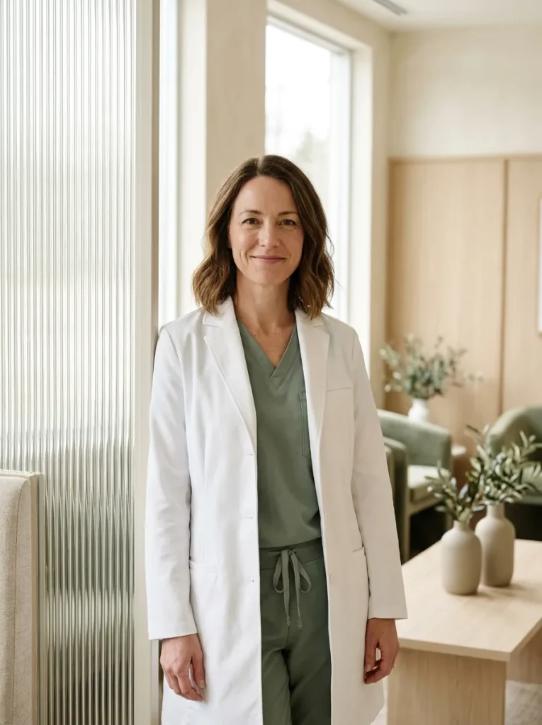Dr. Elena Marsh in a white coat by a reeded glass wall