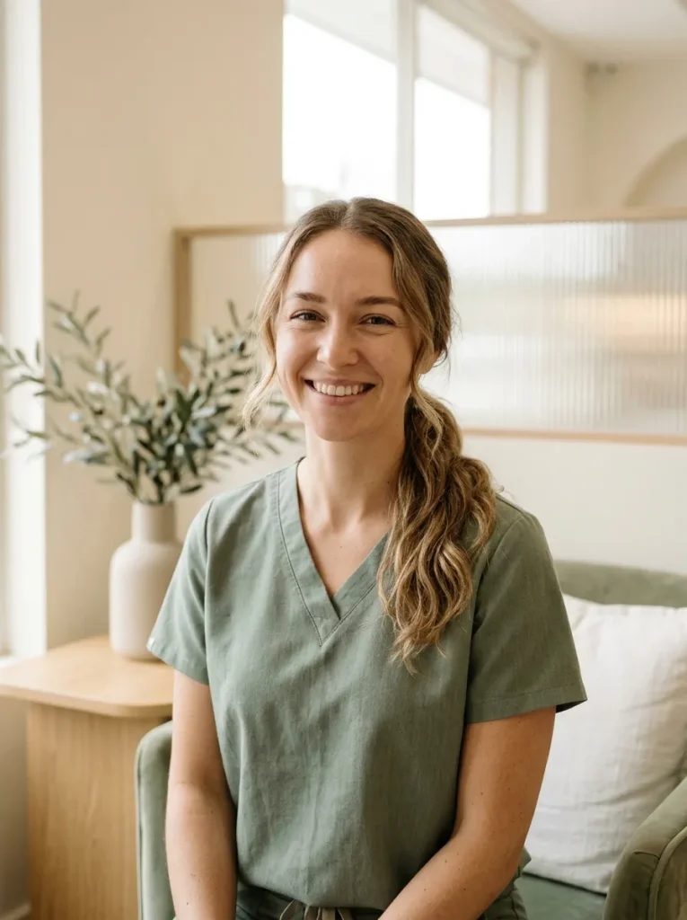 Megan Torres, dental hygienist, in sage scrubs