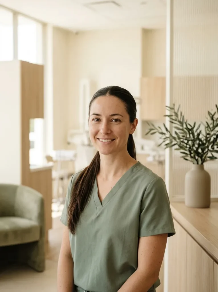 Priya Raman, dental hygienist, in sage scrubs