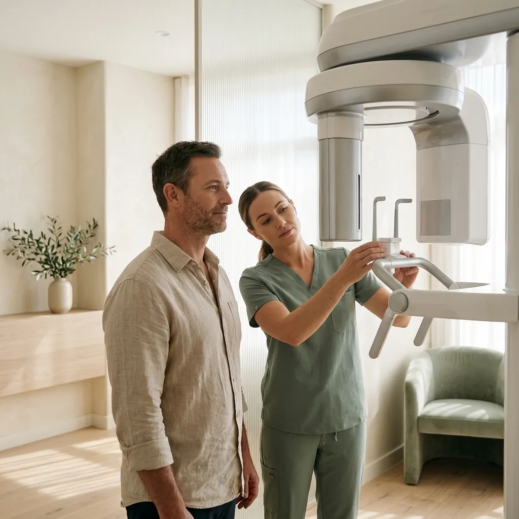 A technician positions a patient at a 3D cone-beam imaging unit