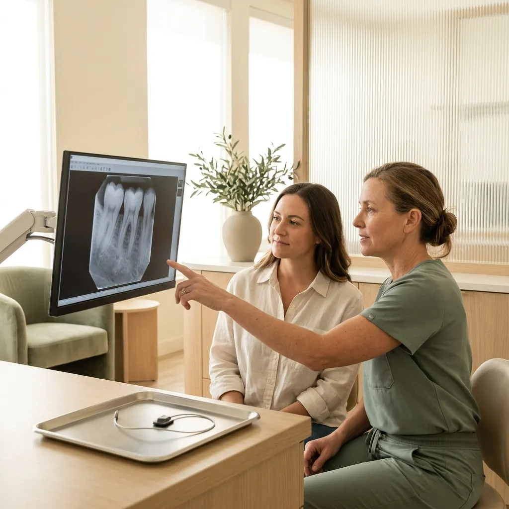 A clinician points out details on a digital X-ray to a patient