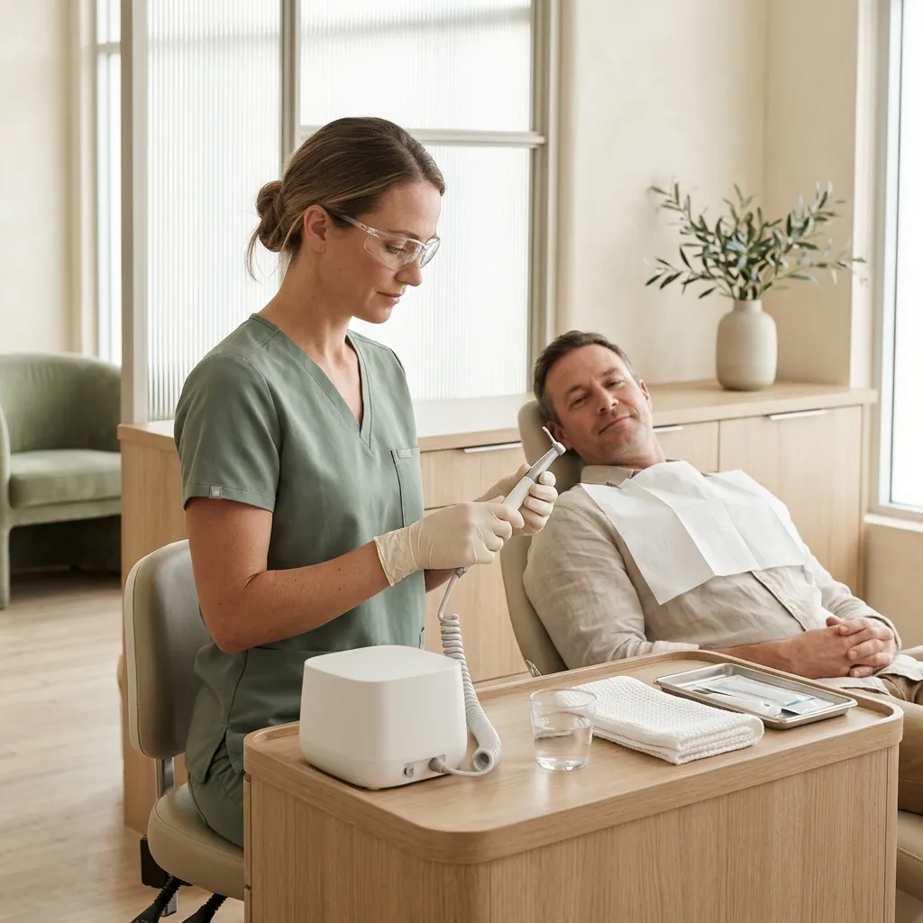 A hygienist prepares an air-polishing handpiece for a relaxed patient