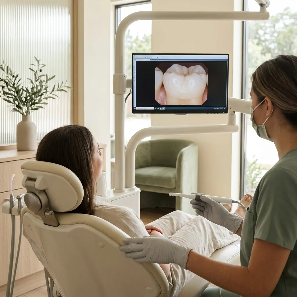 A patient in the chair sees a close-up of a molar on the screen