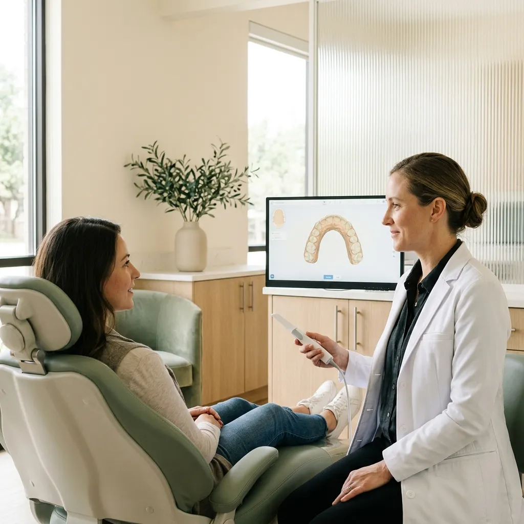A dentist shows a patient the 3D scan of her teeth on a screen