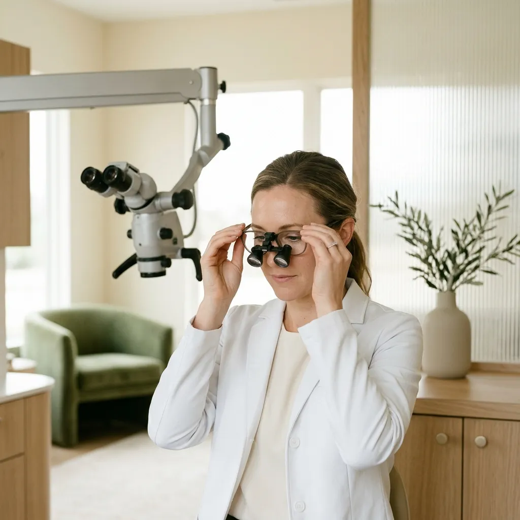 A dentist adjusts magnifying loupes, with a dental microscope behind her