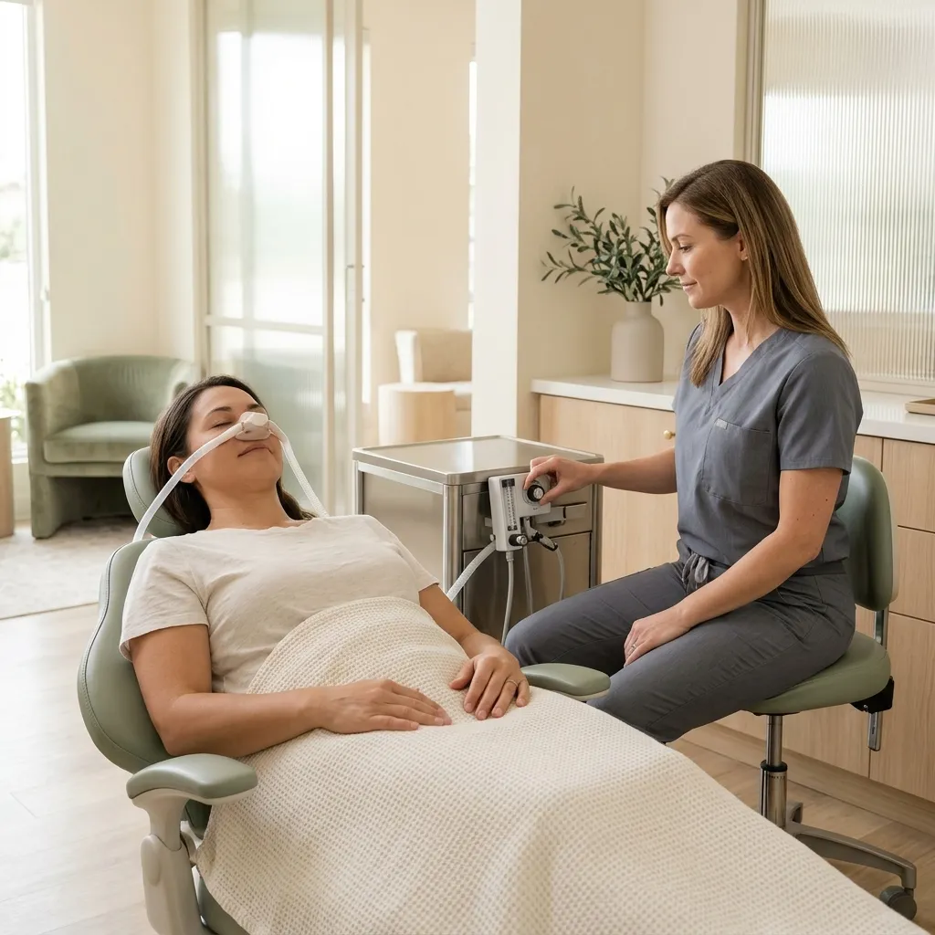 A relaxed patient reclines with a light nasal mask while a hygienist checks the flowmeter