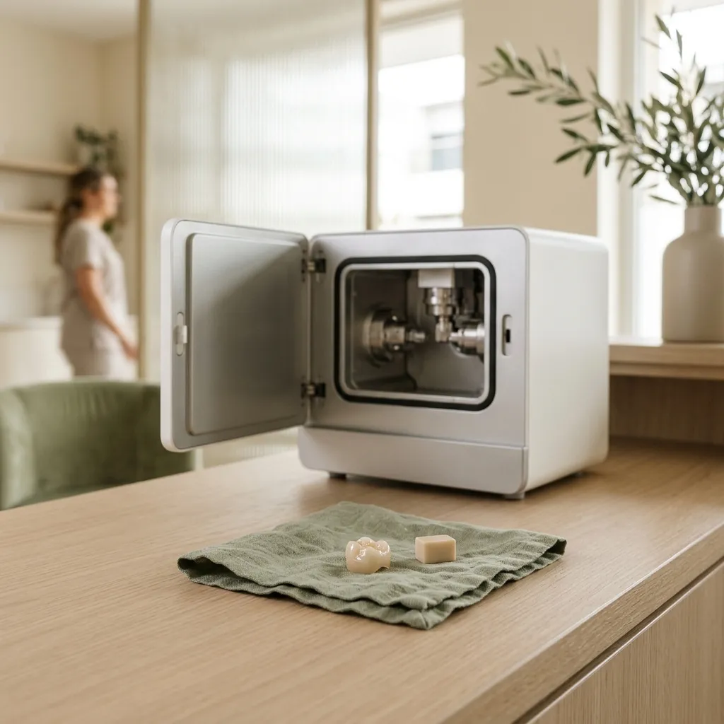 An in-office milling unit with a freshly milled ceramic crown on a linen cloth
